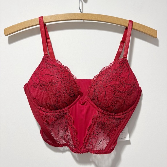 New Pepper Lace Lift Up Corset Scarlet Two Tone Size 32B Red Boning NWT Romantic - Picture 2 of 16
